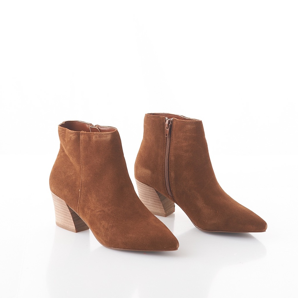 Kensie Lyden Suede Leather Block Heel Bootie Brown Cow Suede Upper Side Zipper